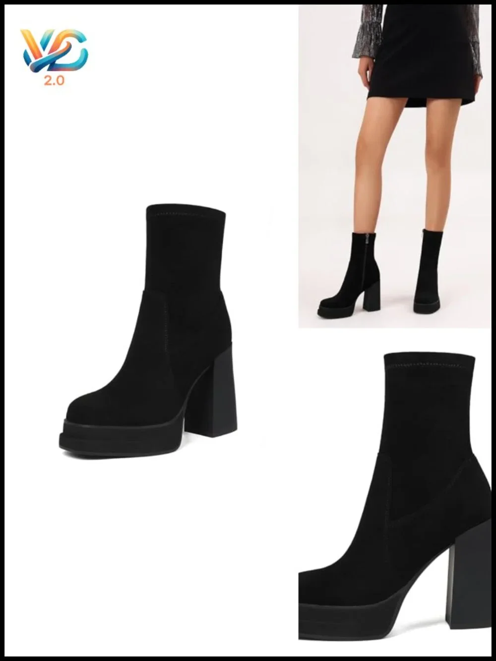 Platform Ankle Boots Chunky High Heel Square Toe Stretchy Combat Booties